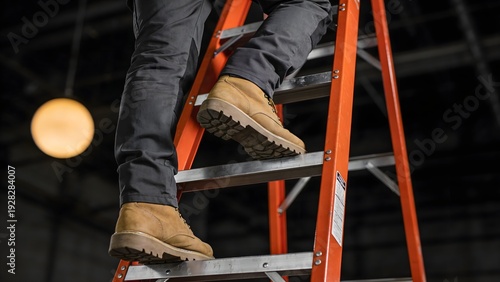 Person in sturdy work pants and durable work boots diligently climbing an orange industrial ladder with a focus on upward progress and safety.