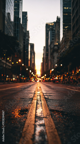 A wide empty street in a city after sunset shows streetlights glowing on wet asphalt. The tall buildings loom in the background without any cars or people in sight