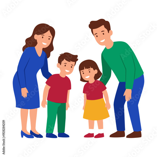 Flat vector illustration of a smiling family with parents and two children standing together. Represents family values and togetherness