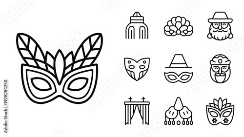 Purim tradition outline icon set with synagogue, scroll, sweets and festive celebration symbols minimal collection