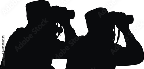 Military soldiers silhouette with binoculars, army surveillance team observing through field glasses isolated on white background vector illustration