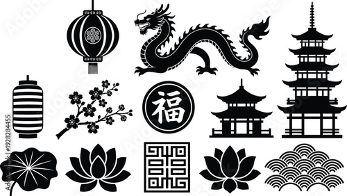 Asian cultural icons vector set, dragon and pagoda silhouettes, lotus and lantern motifs, cherry blossom branch, Chinese seal, temple architecture for design