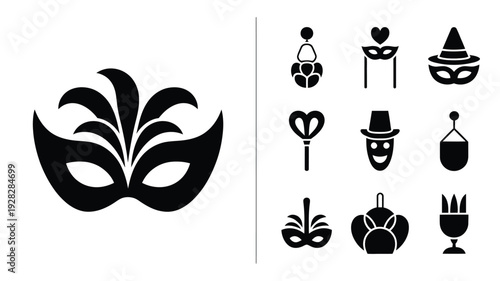 Solid black silhouette icon set of Purim holiday elements, clean vector shapes, white background, left side large carnival mask silhouette representing whole pack