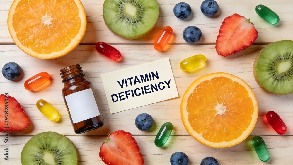 © Danish - Visual representation of vitamin deficiency concept surrounded by fresh fruits and colorful dietary supplement pills