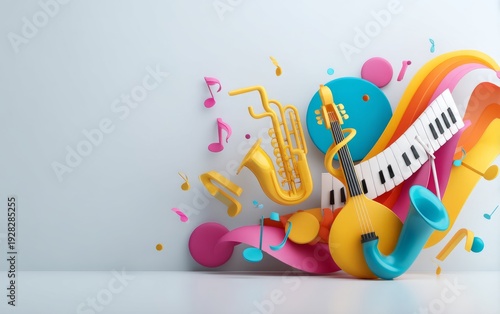Abstract Musical Instruments in Bright Colors with Floating Glow Effects