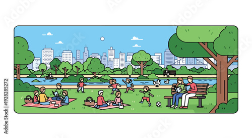 A vibrant city park scene with people enjoying a sunny day in a lush green space, surrounded by trees and a city skyline in the background, with a flat 2D vector illustration style.