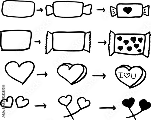 Hand‑Drawn Candy and Heart Transformation Collection – Wrapped Candy with Hearts, I Love You Heart, Two Hearts on Sticks, Romantic Symbols, Playful Illustrations, Creative Process, Love Expr, SVG pack