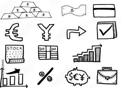 Hand‑Drawn Financial Icons Collection – Gold Bars, Currency Notes, Credit Card, Euro, Yen, Stock Chart, Piggy Bank, Briefcase, Economic Symbols, Investment, Savings, Growth, SVG pack