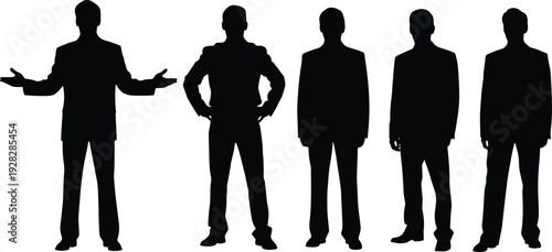 Businessman silhouettes vector set, male corporate figures in standing poses, professional portrait icons, presentation and leadership stances, office and corporate visuals