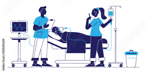 A medical team attends to a patient lying in a hospital bed with monitoring equipment