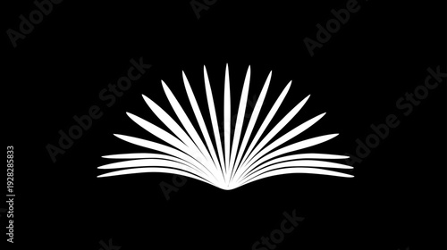 Stylized white open book icon with fanned pages on a black background, representing education, knowledge, wisdom, and reading.