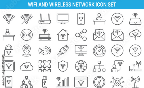 WiFi and wireless network icon set, internet connection symbols, router signal, cloud data, smart technology vector outline collection pack