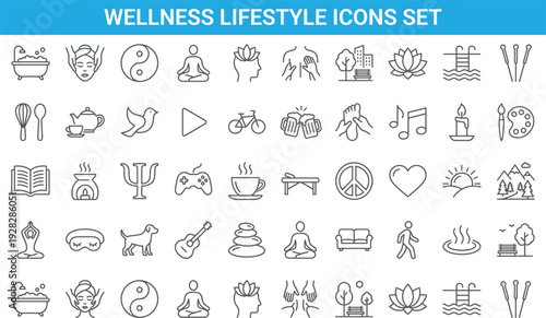 Wellness lifestyle icons set, yoga meditation spa music travel nature fitness symbols, minimal line vector illustration collection design