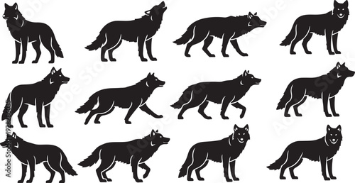 A collection of twelve black silhouettes of wolves in various poses and positions.