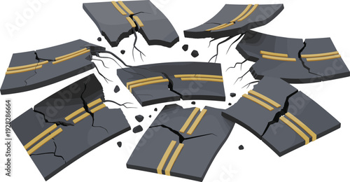 Cracked asphalt road fragments vector set, shattered pavement segments, fissured highway, broken tarmac slabs with debris, road rupture, earthquake damage, urban destruction illustration