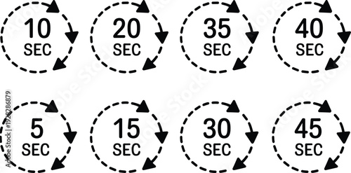 Dashed circular timer icon set, countdown stopwatch symbols, 5 10 15 20 30 35 40 45 seconds indicators vector