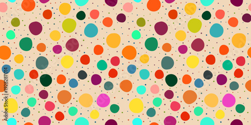 Color dots pattern seamless pattern for backgrounds and designs. Modern digital wallpaper. Cute birthday polka dot seamless texture. Colorful clown repeated round confetti background. 