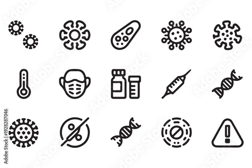 Scientific research and virus diagnostic icons featuring dna strands masks thermometers and bacteria cells