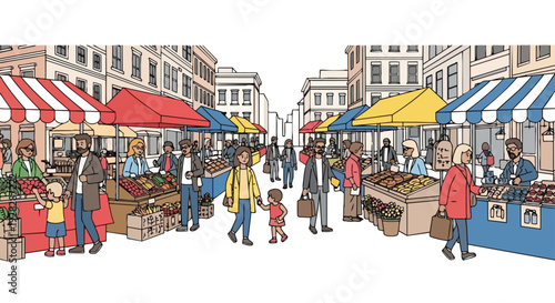 Illustration of a vibrant city market scene with people shopping and socializing under colorful striped awnings in a lively, flat, horizontal composition.
