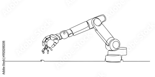 Continuous one line of a robotic arm performing precision work, drawn illustration.