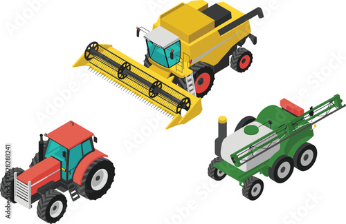 Isometric agricultural machinery set: combine harvester, farm tractor, self-propelled sprayer, crop harvesting and field maintenance equipment, modern farm vehicles vector illustrations