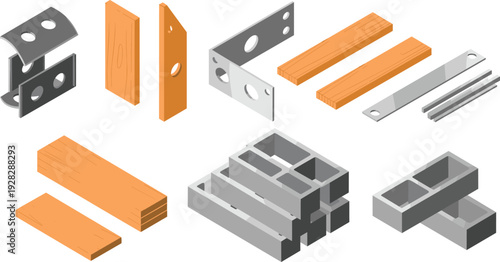 Isometric construction materials and hardware vector set, cinder blocks, wooden planks, metal brackets and plates, fasteners, masonry, carpentry, building supplies collection