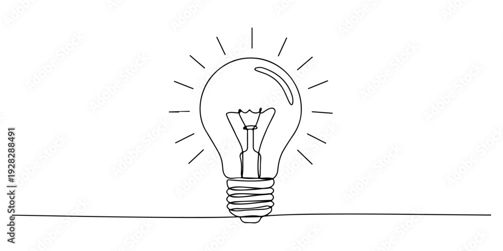Ταπετσαρία Continuous one line of a light bulb glowing with rays, drawn illustration