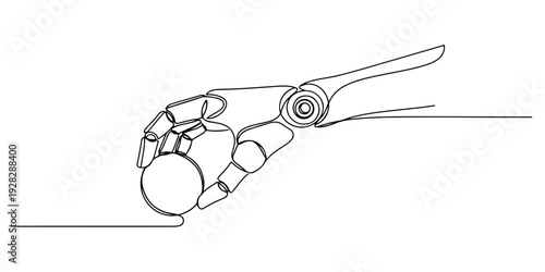 Continuous one line of a robotic hand holding a sphere, drawn illustration.