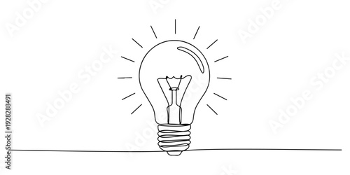 Continuous one line of a light bulb glowing with rays, drawn illustration.
