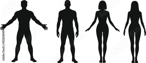 Male and female silhouette set, front and back standing human figures for anatomy and fitness templates, minimal black vector body outlines reference guide