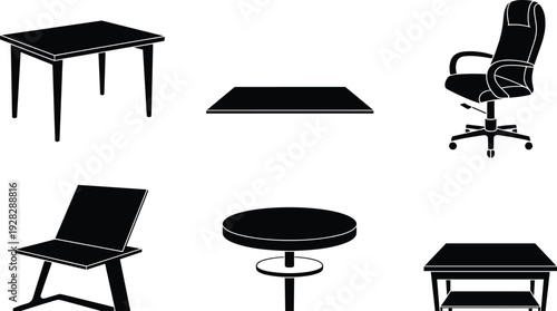Modern furniture silhouette vector set, table, office chair, coffee table, wooden desk, round pedestal table, minimalist interior design icons collection
