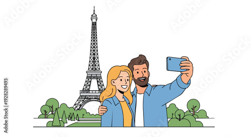 Flat 2D vector illustration of a couple taking a selfie in front of the Eiffel Tower, a famous travel landmark in Paris.