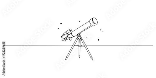 Continuous one line of a telescope pointed at the stars, drawn illustration.