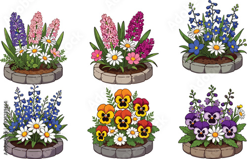Spring flower bed vector set with pansies, daisies and hyacinths, garden flowerbeds, colorful planter borders, seasonal floral arrangements for landscaping and design