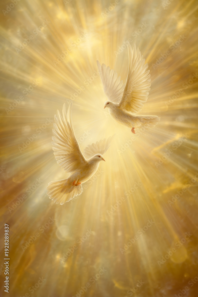 Fototapeta premium A celestial biblical background with white doves and radiant golden light pouring from heaven. A spiritual Christian illustration symbolizing the Holy Spirit, peace, faith, hope, and divine presence. 