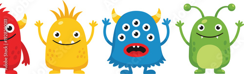 Collection of cute colorful cartoon monsters with horns and many eyes featuring friendly yellow blue red and green characters for children party and birthday design