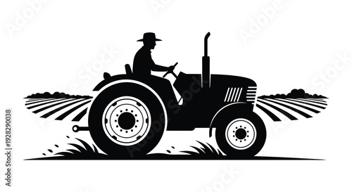 A striking black silhouette depicts a farmer driving a tractor through a field showcasing rural life silhouette