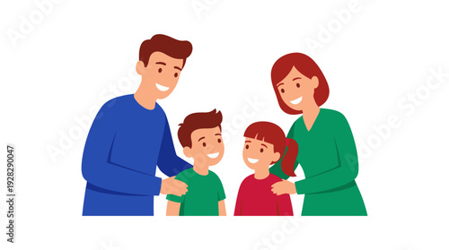 Flat vector illustration of a smiling family with parents and two children standing together. Represents family values and togetherness