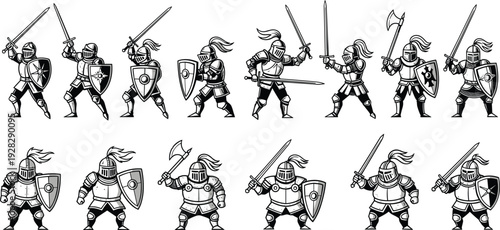 Collection of medieval knight silhouettes featuring warriors with armor shields swords and axes in various combat poses for historical fantasy and game design projects.