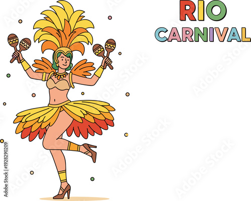 Colorful carnival samba dancer with feather costume and maracas, joyful festival celebration illustration, vibrant Brazilian dance character isolated on white background