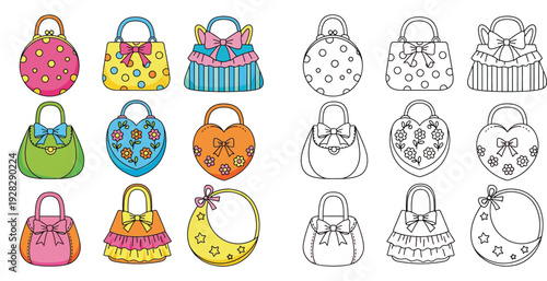 Vector collection of cute cartoon handbags and purses. Set of fashion accessories with colorful design and black and white outline for coloring book page. Girls bag isolated on white background.