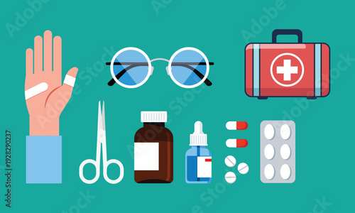 First Aid Medical Kit and Healthcare Equipment Vector Illustration
