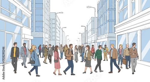 A bustling city street scene with people walking in both directions on a flat, horizontal urban road lined with modern buildings and streetlights.