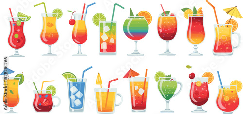Colorful assortment of tropical cocktails and drinks in various glasses with fruit garnishes and straws