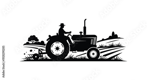 A vintage tractor with a farmer driving through a field presented as a striking silhouette high quality professional