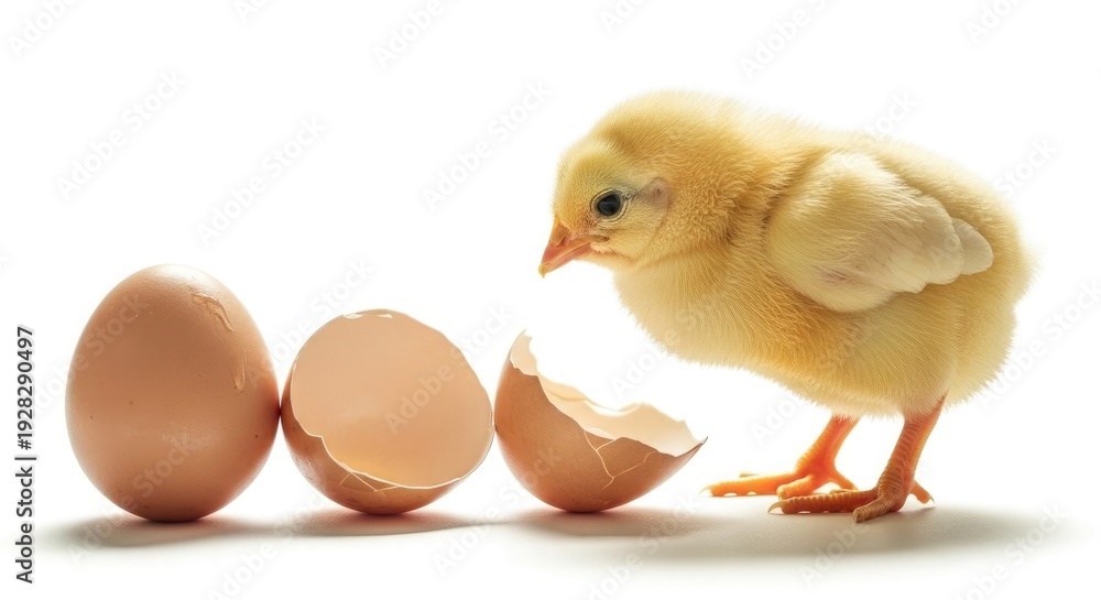 Fototapeta premium A newborn chick standing next to broken eggshells on a white background