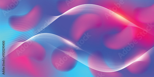 Neon blue pink gradient abstract background with white wavy lines and fluid shapes, futuristic horizontal banner for music, tech or party design