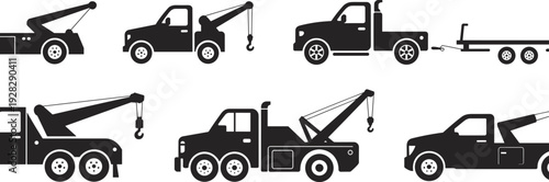 Tow truck silhouette vector set, towing vehicles collection, wrecker trucks with crane and hook, roadside assistance transport icons, black industrial illustrations