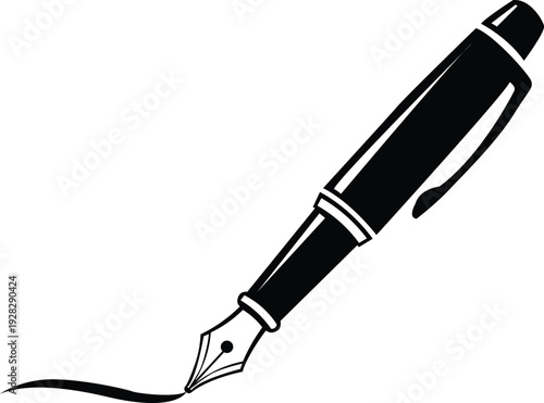 A black fountain pen with a curved nib depicted in a simple style