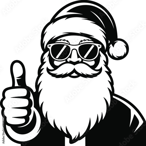 Cool Santa Claus wearing sunglasses giving a thumbs up sign, monochrome vector illustration of hip Father Christmas mascot isolated on white background
